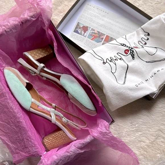 nib CHIE MIHARA Tatami Suede & Metallic Leather Slingback Heels size 7